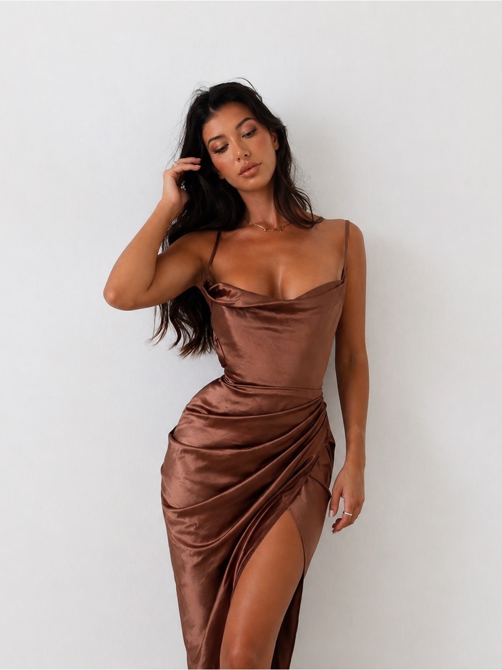 🇺🇸Firm Price🇺🇸House of CB REVA Toffee Satin Balcony Corset Dress